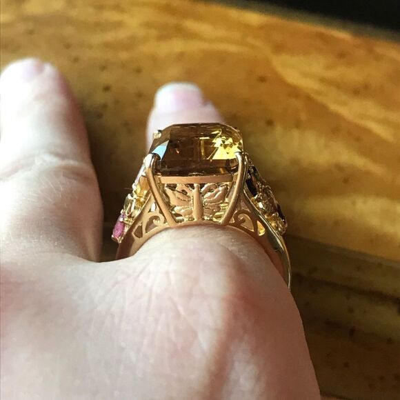 Natural Citrine Tourmaline Sterling Silver Cocktail Ring Size 9 - Picture 3 of 10